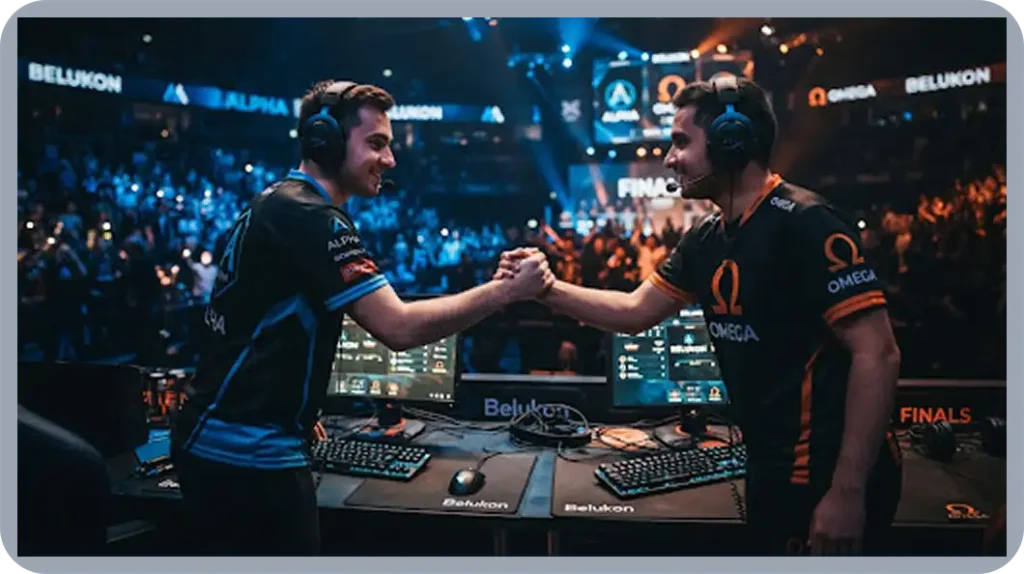 Dwóch profesjonalnych graczy e-sportowych w koszulkach drużynowych podaje sobie ręce na scenie turniejowej przed swoimi komputerami.