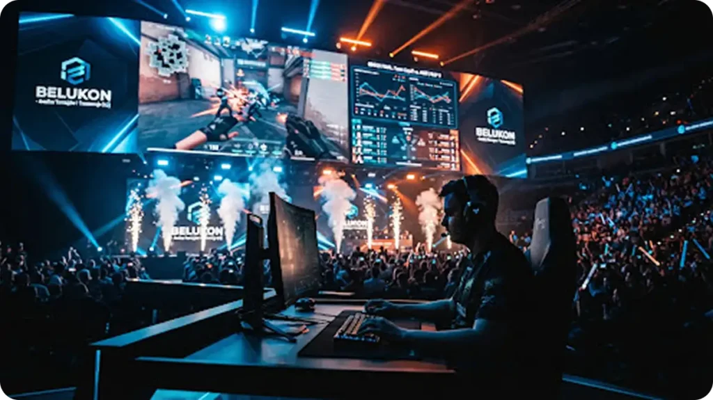 Widok z boku na gracza siedzącego przy komputerze na tle wielkiej sceny e-sportowej z ogromnymi ekranami i efektami dymnymi.