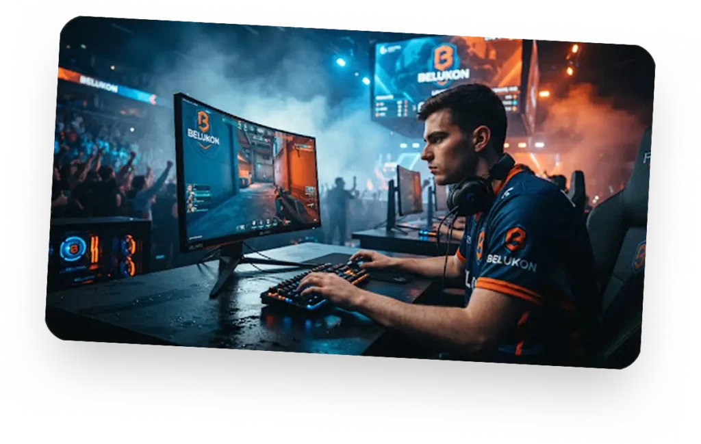 Skupiony zawodnik e-sportowy w słuchawkach grający na zakrzywionym monitorze podczas turnieju Belukon z widownią w tle.